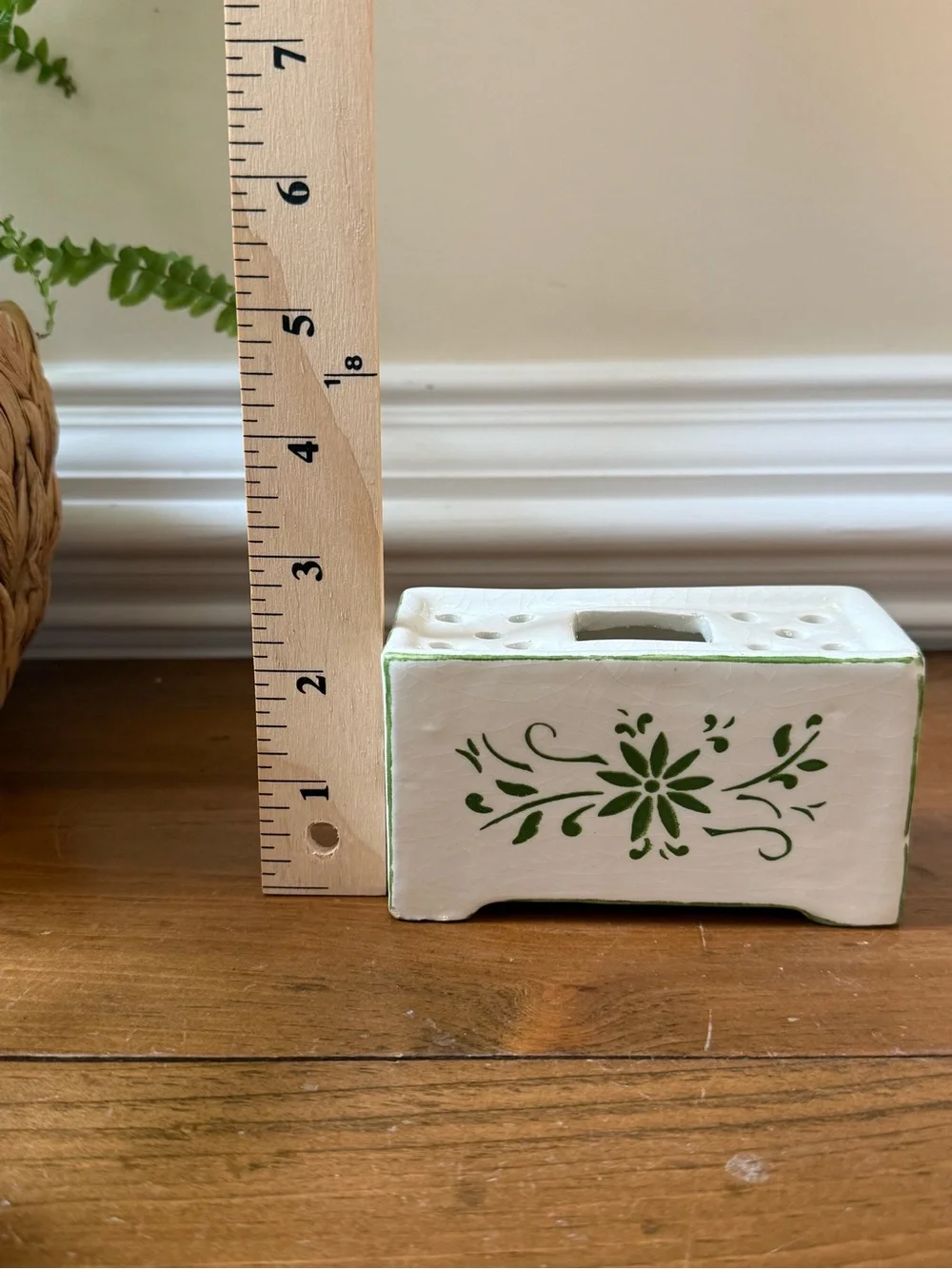 Antique Vintage Hand-Painted Ceramic Floral Frog in White and Green